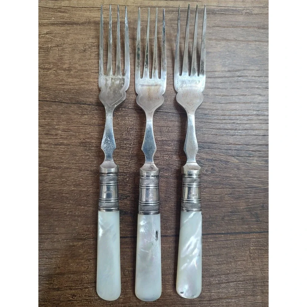Antique Mother of Pearl Serving Forks Set of 3 Sterling Ferrules EPNS Victorian